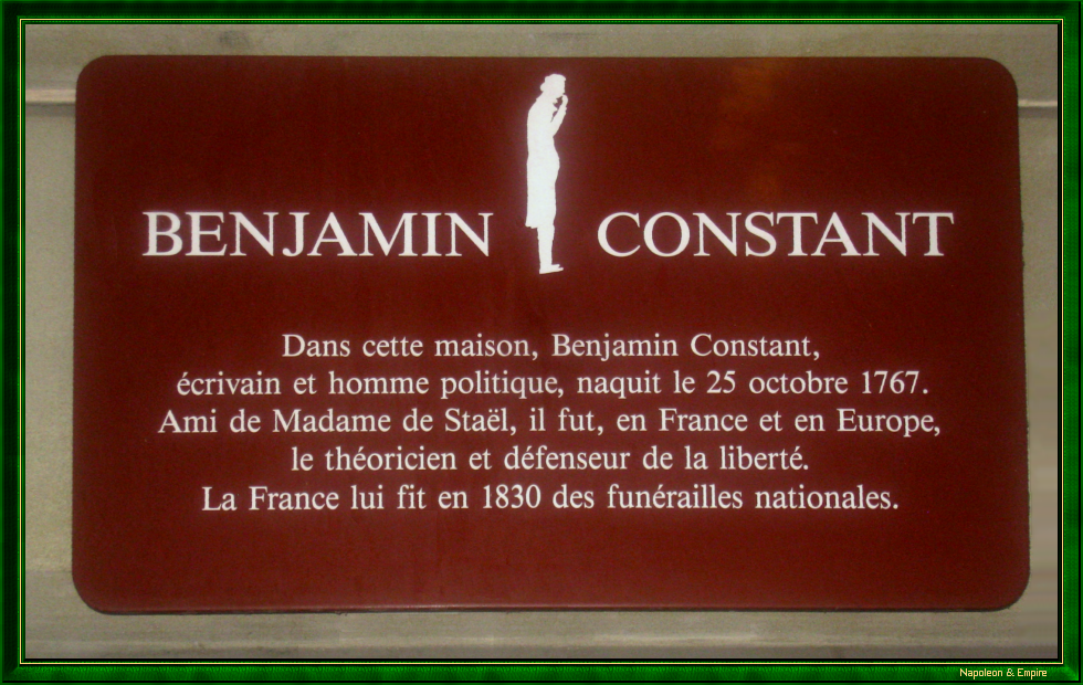 Plaque sur la maison natale de Benjamin Constant