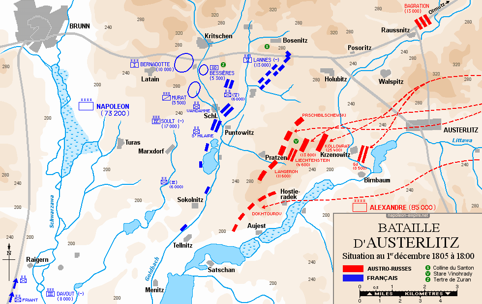 Batailles napoléoniennes - Carte de la bataille d’Austerlitz - Situation au 1er décembre 1805, 18 heures