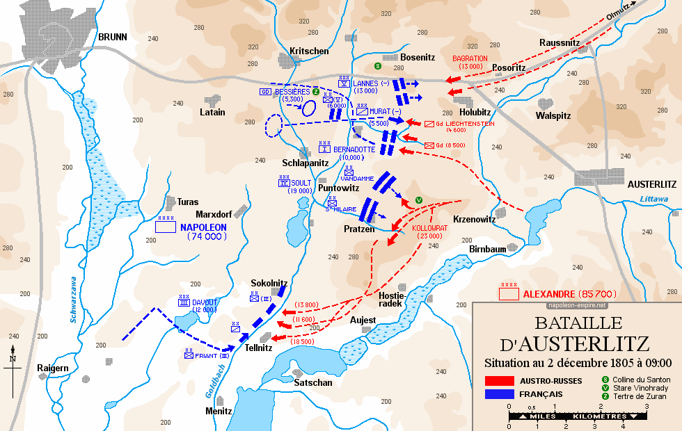 Batailles napoléoniennes - Carte de la bataille d’Austerlitz - Situation au 2 décembre 1805, 9 heures