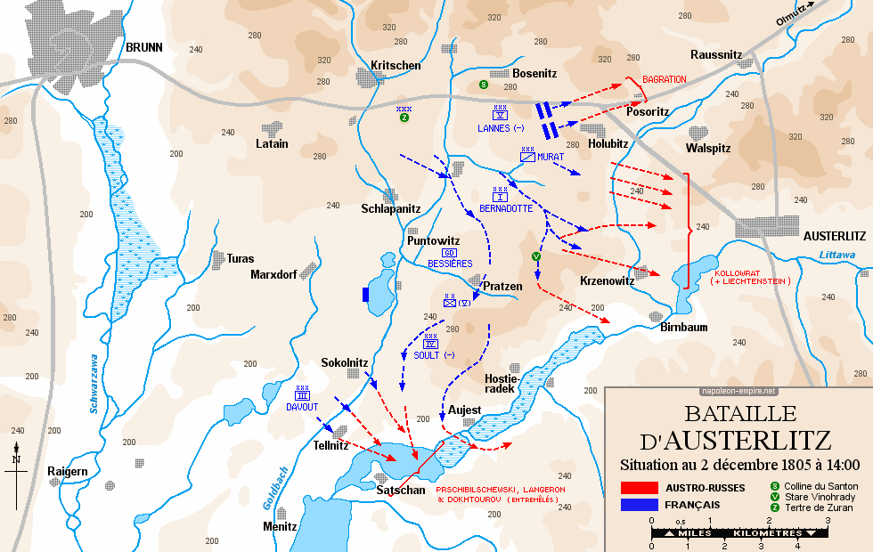 Batailles napoléoniennes - Carte de la bataille d’Austerlitz - Situation au 2 décembre 1805, 14 heures