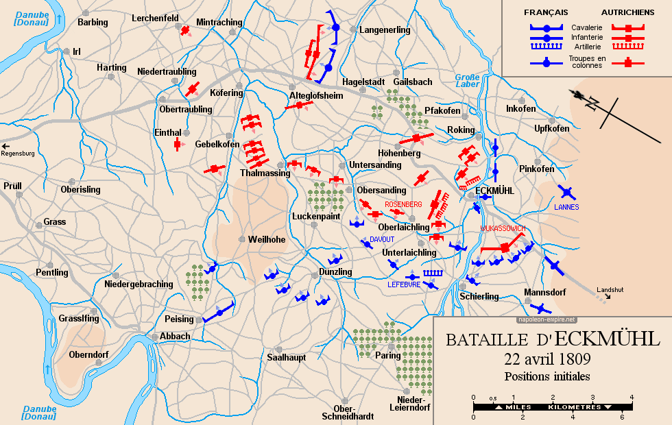 Batailles napoléoniennes - Carte de la bataille d'Eckmühl  - Positions avant la bataille