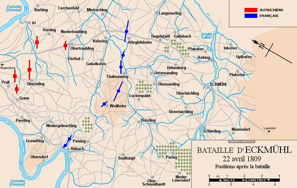 Batailles napoléoniennes - Carte de la bataille d'Eckmühl  - Positions après la bataille
