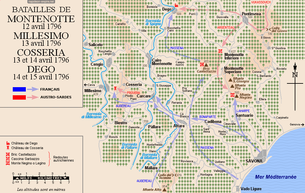 Batailles napoléoniennes - Carte des combats de Montenotte, Millesimo, Cosseria et Dego