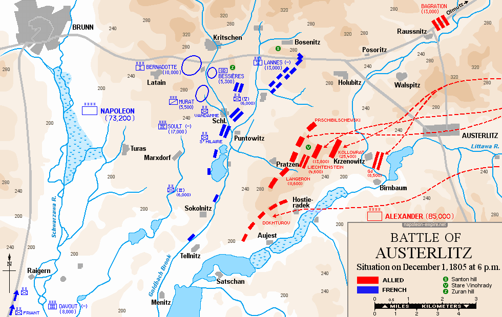 Napoleonic Battles - Map of battle of Austerlitz - Situation on December 1, 1805 at 6 p.m.