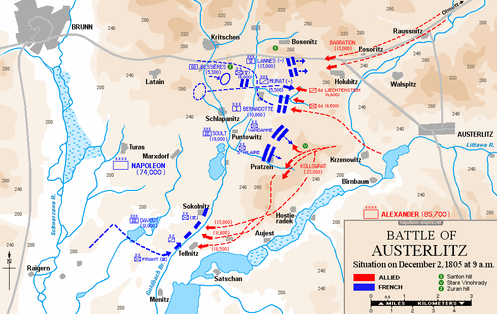 Napoleonic Battles - Map of battle of Austerlitz - Situation on December 2, 1805 at 9 a.m.