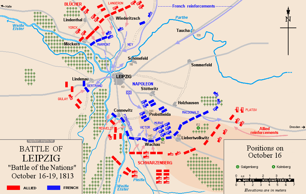 Napoleonic Battles - Map of the battle of Leipzig (Battle of the Nations) - Positions on October 16