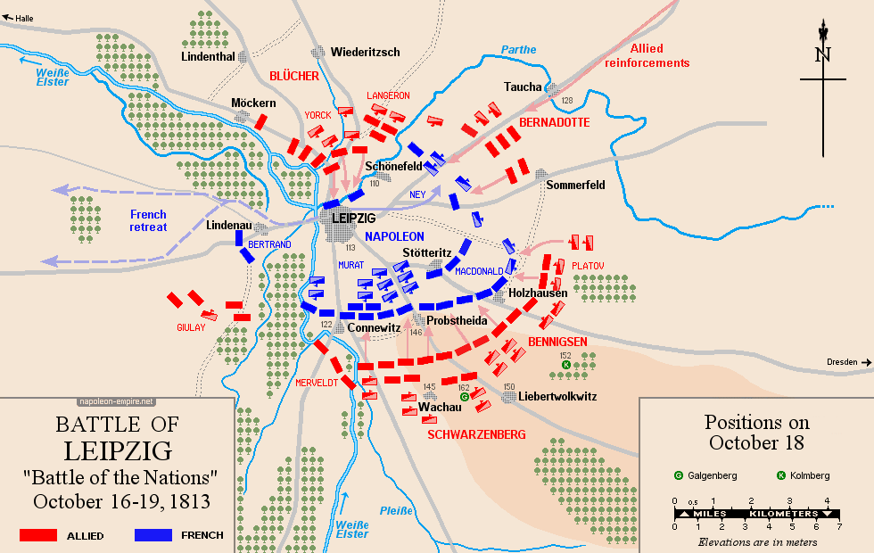Napoleonic Battles - Map of the battle of Leipzig (Battle of the Nations) - Positions on October 18