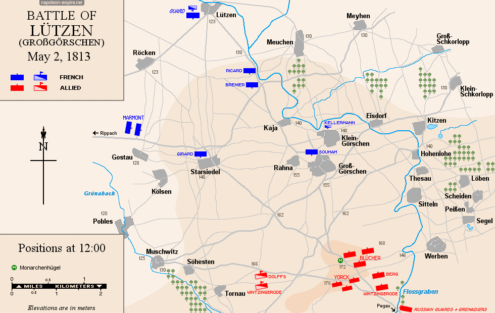 Napoleonic Battles - Map of the battle of Lützen - Positions at noon