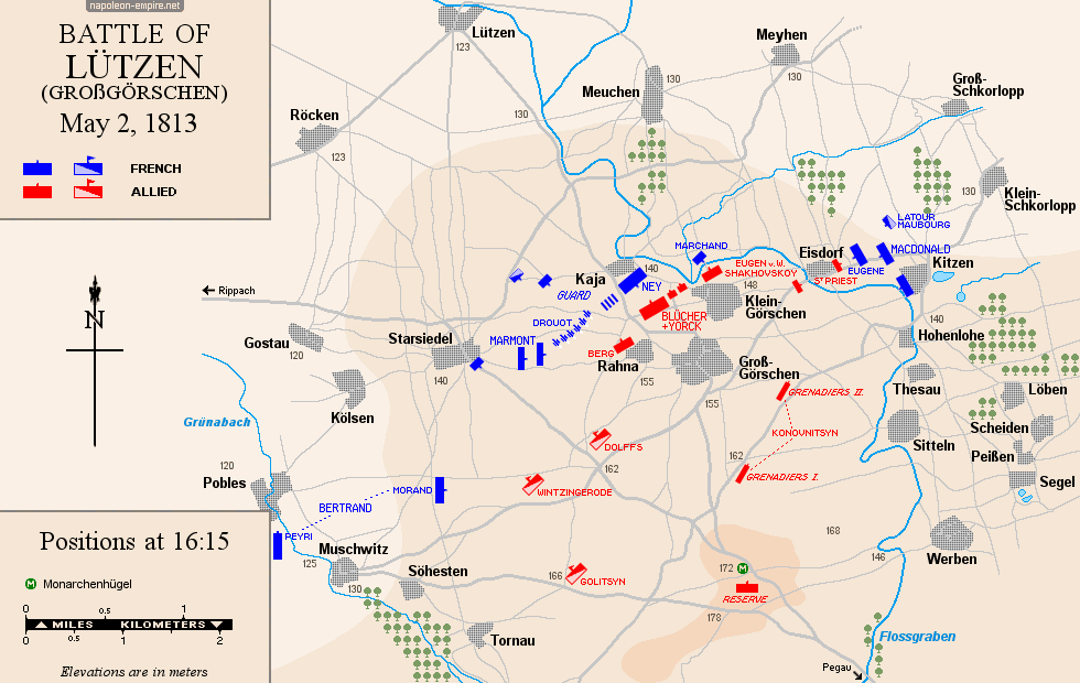 Napoleonic Battles - Map of the battle of Lützen - Positions at 16:15