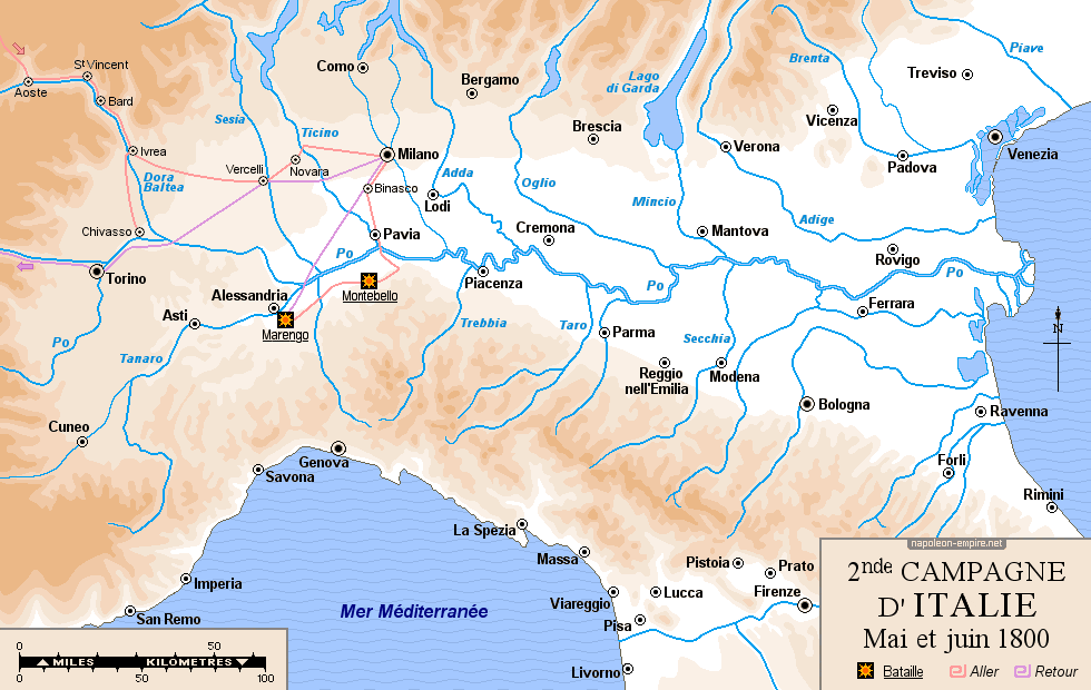 Batailles napoléoniennes - Carte de la seconde campagne d'Italie (1800)