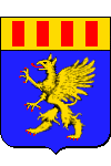 Arms of Didier Grau: d'azur au griffon d'or, armé et lampassé de gueules ; au chef d'or, chargé de quatre billettes de gueules