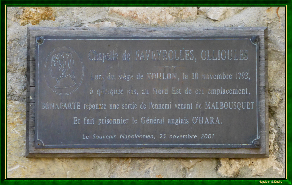 Plaque sur la chapelle de Faveyrolles à Ollioules