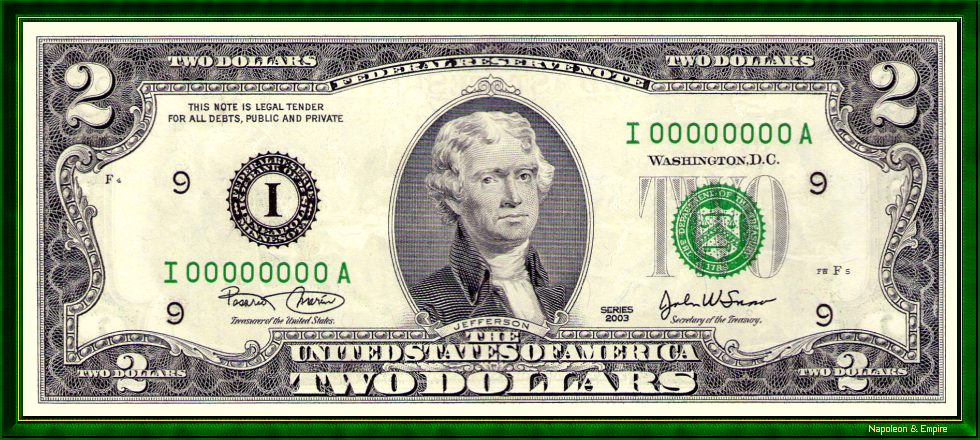 2 USD note with the image of Thomas Jefferson