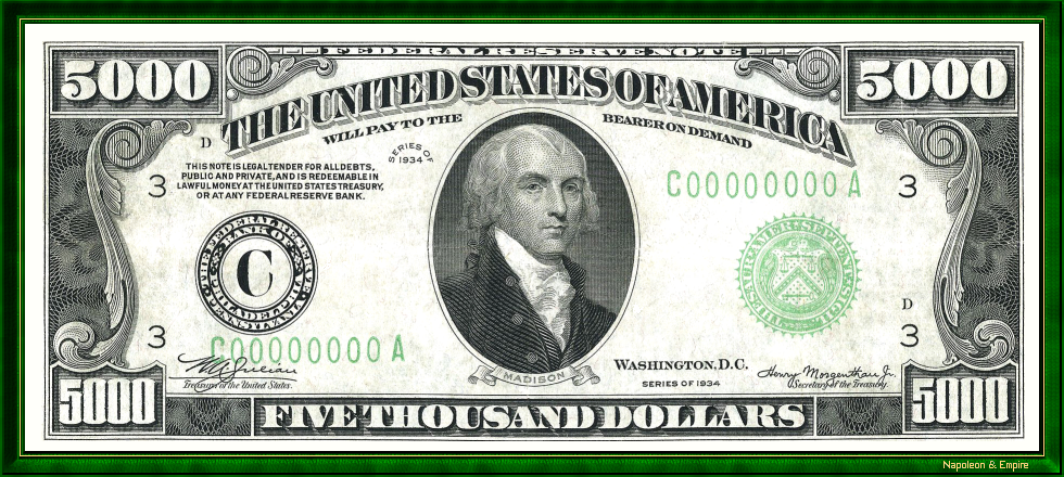 5000 USD note with the image of James Madison