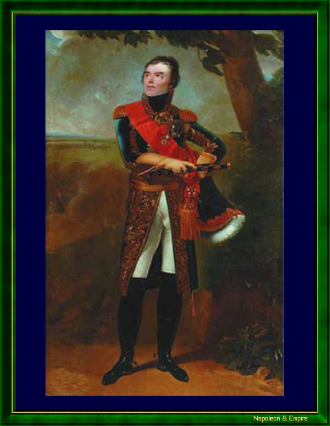 Le maréchal Mac Donald en pied, en grand uniforme, portant les insignes de la légion d'honneur, de la couronne de fer, la plaque de la légion d'honneur et son bâton de maréchal