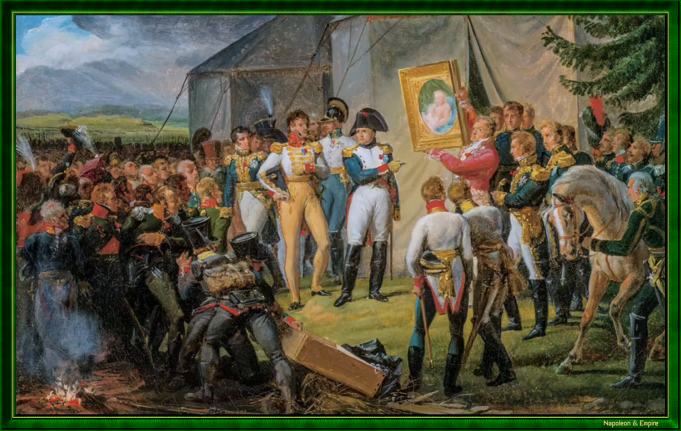 Napoléon, à la veille de la bataille de la Moskova, présente à son état-major le portrait du roi de Rome peint par Gérard, par H. Vernet