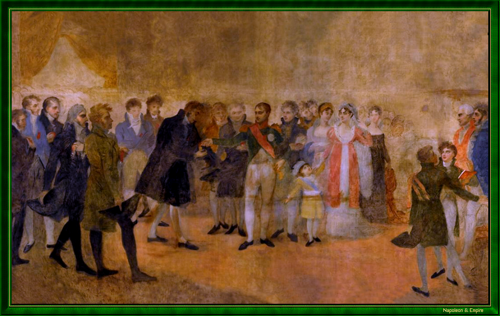 Napoleon decorates the painter David in the presence of Empress Josephine, Hortense de Beauharnais and Louis Bonaparte, by AJ Gros