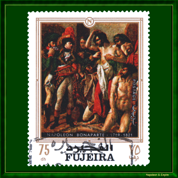 Stamp de Fujeira depicting Bonaparte visiting the plague-stricken in Jaffa
