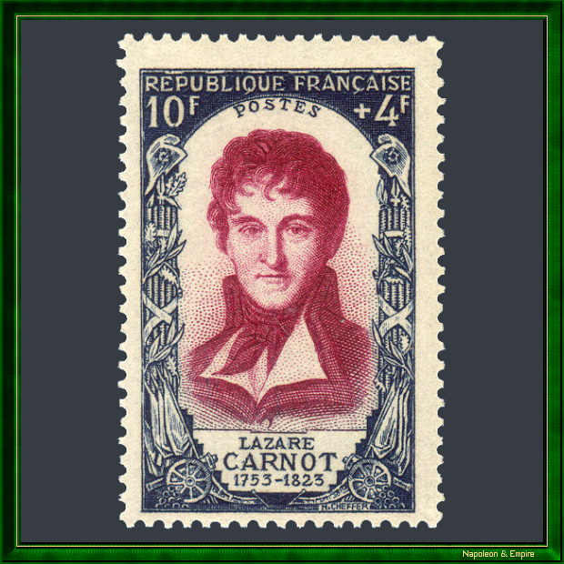 French stamp of 10 plus 4 francs representing Lazare Carnot