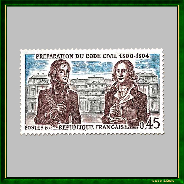 French stamp of 45 centimes representing Bonaparte and Portalis