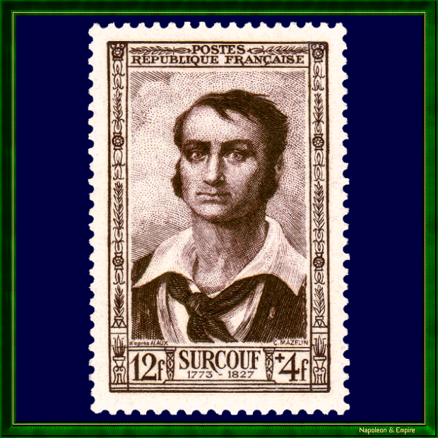 French stamp of 12 plus 4 francs representing Robert Surcouf